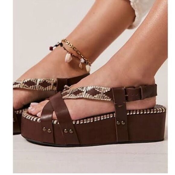 Free People Brown and Gold Leather Sedona Platform Sandals - Picture 3 of 9